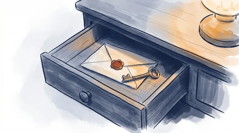 Illustration: et forseglet brev med vokssegl og en messingnøgle i en skrivebordsskuffe — aftalen, sort på hvidt
