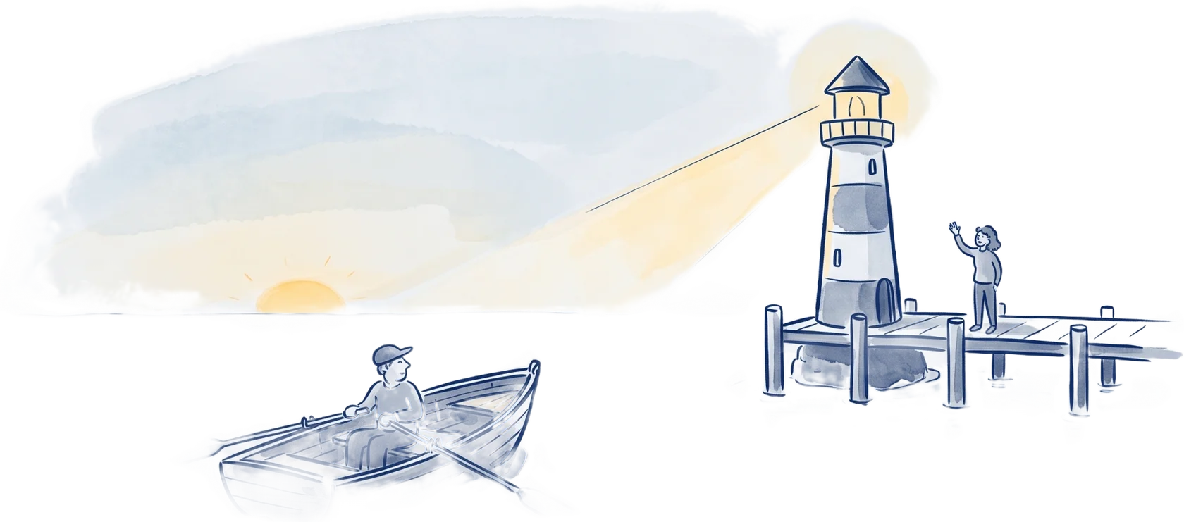Illustration: hjælpen er inden for rækkevidde — en robåd ror roligt mod havn, en person vinker velkommen fra broen, og fyrtårnet viser vej