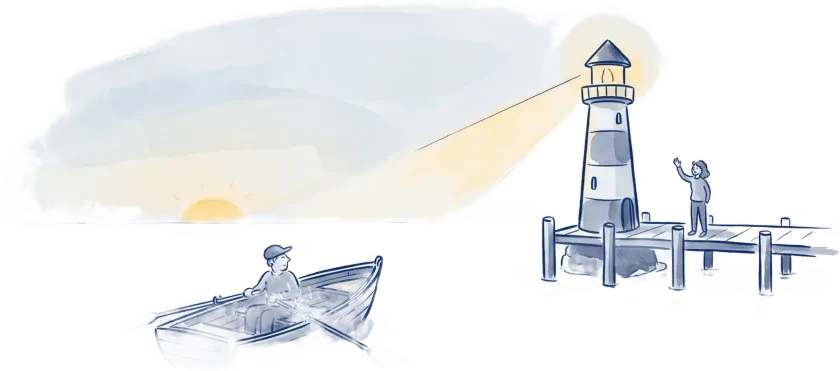 Illustration: hjælpen er inden for rækkevidde — en robåd ror roligt mod havn, en person vinker velkommen fra broen, og fyrtårnet viser vej