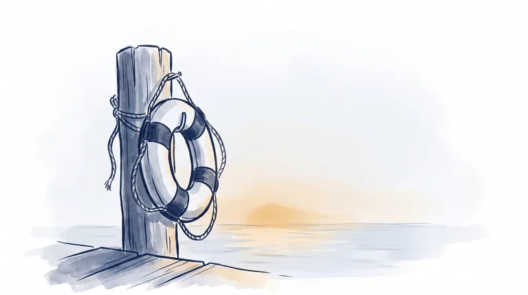 Illustration: en redningskrans hænger klar på en pæl ved kajen — hjælpen og værktøjerne er inden for rækkevidde