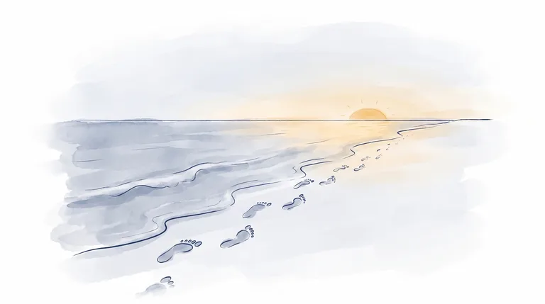Illustration: fodspor i vandkanten skylles væk af en blid bølge — uden dit samtykke gemmes ingen spor af dit besøg