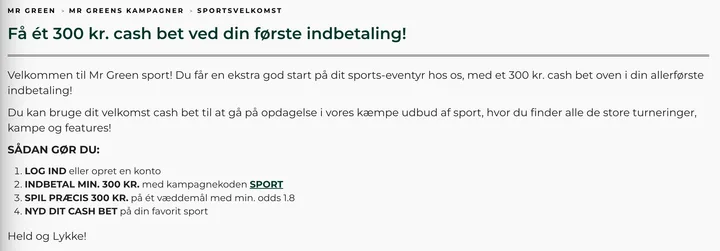 Skærmbillede af Mr Greens sportsbook-velkomsttilbud